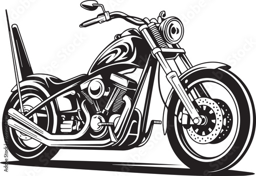 retro chopper motorcycle vector illustration with flame tank graphics, air filter detail, handlebars and front wheel disc brake