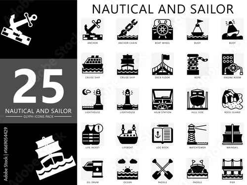 Nautical and sailor Glyph icons set. contain anchor, buoy, cruise ship, life jacket, pier, ocean, lighthouse, paddle, mainsail and more. Vector for UI or UX kit, web and app navy, transportation.