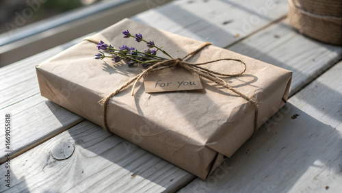 A minimalist, eco-friendly gift beautifully wrapped in natural brown kraft paper, tied with a hand-torn jute twine bow. 