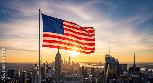 The American flag waves proudly above the iconic New York City skyline at sunset. The warm, golden light of the setting sun highlights the city's famous skyscrapers