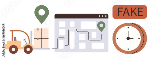 Forklift moving boxes, digital map with route and pins, clock, and fake alert for logistics, tracking, transport, fraud prevention, supply chain shipping delivery. Simple flat metaphor