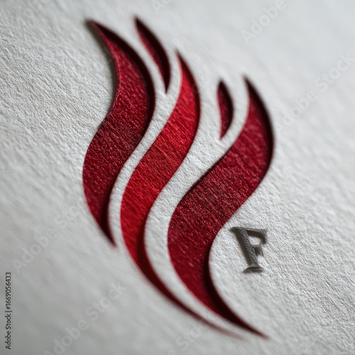 Red flame-like design on textured paper, letter 'F' inside
