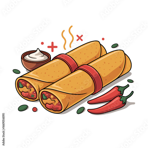 Delicious Burritos Illustration with Hot Chili Peppers and Creamy Sauce for Mexican Cuisine and Food Art Design