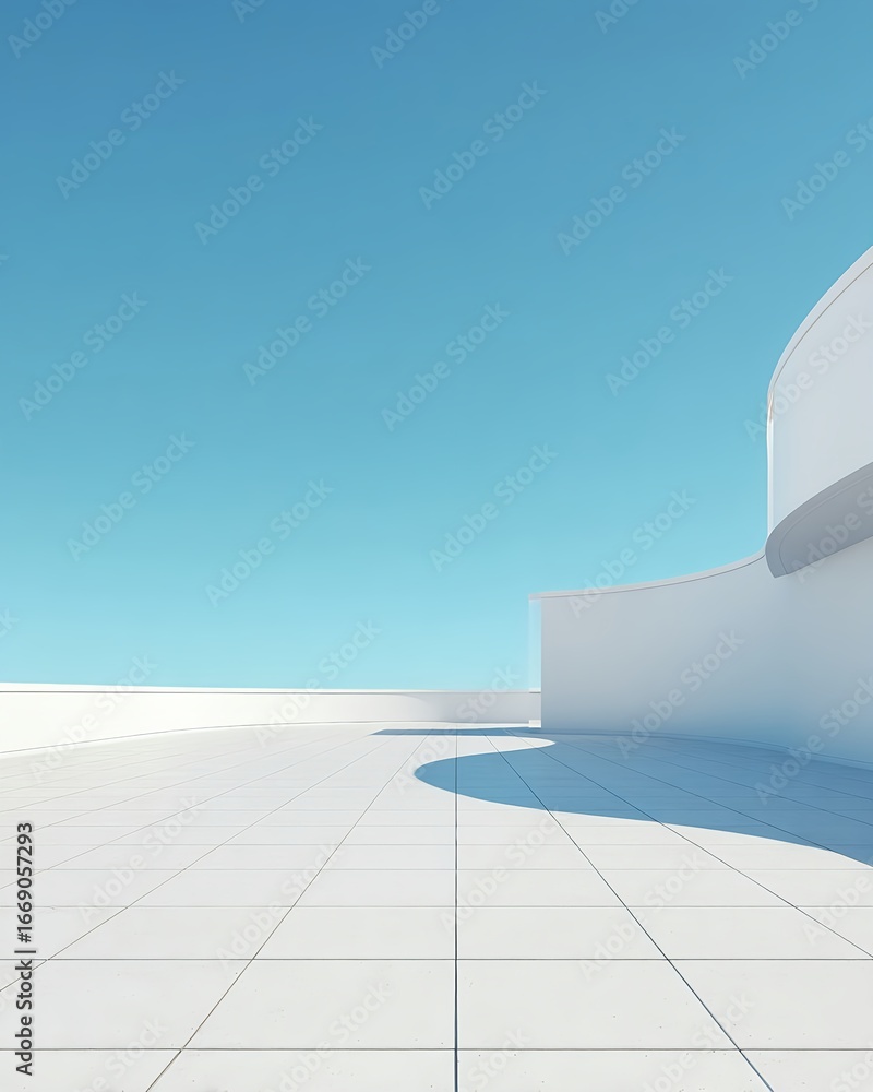 Obraz premium Sunlit white arches over a tranquil rooftop with an expansive tiled terrace and a clear blue sky