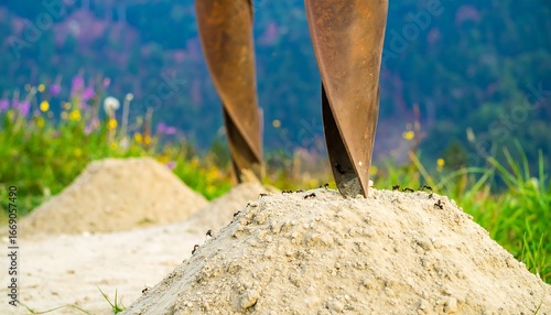 Rusty metal auger penetrates a mound of light beige sand, revealing busy ants working diligently.