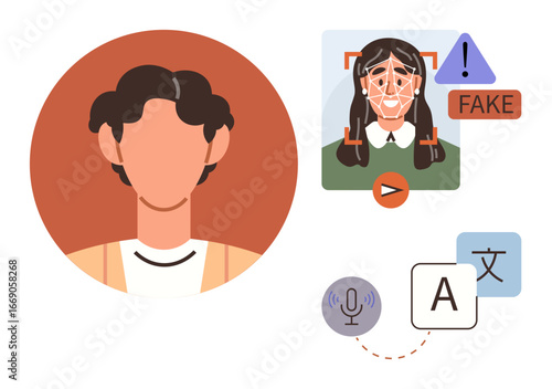 Human portrait with digital face analysis, fake content alert, speech recognition, and translation tools. Ideal for AI ethics, cybersecurity, digital forensics, media literacy, misinformation