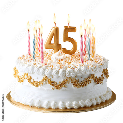 A festive birthday cake adorned with lit candles, celebrating a milestone 45th anniversary with joy and sweetness.
