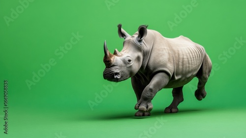 Majestic rhino charging against vibrant green backdrop