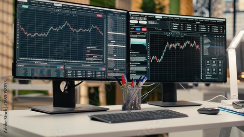 Fotografia Trading software in prop firm office with price graphs and technical indicators visible on screens