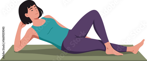 Woman practicing side-lying leg lift exercise on yoga mat for fitness and strength training in casual sportswear 