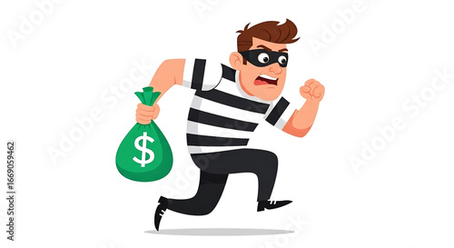 Thief running with a bag of money in his hand. Vector criminal character isolated on white 