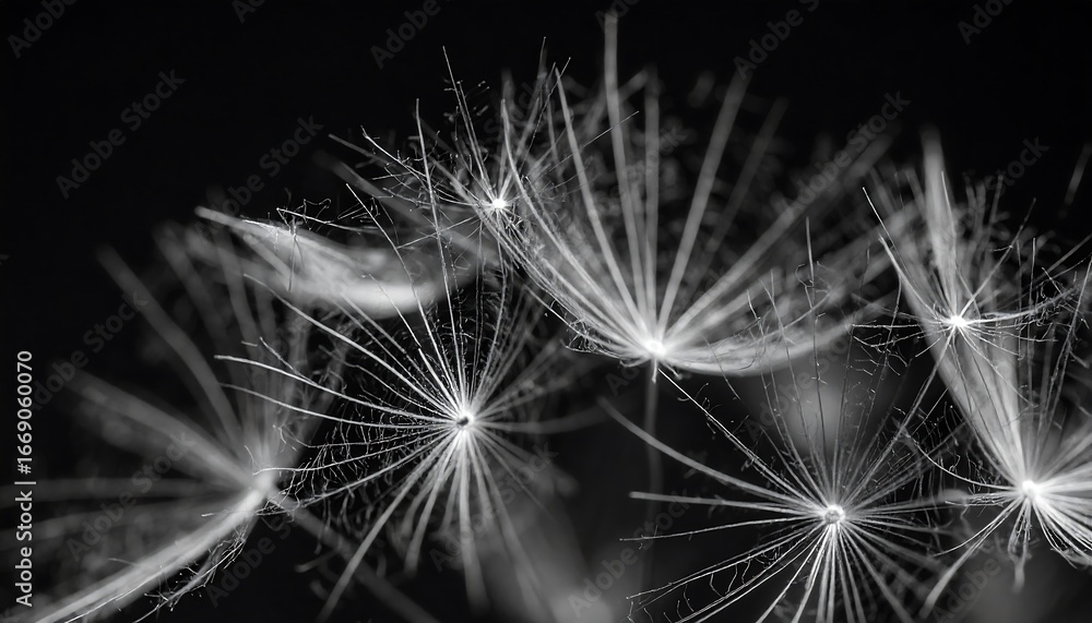 Naklejka premium Dandelion Seeds with Black Background.