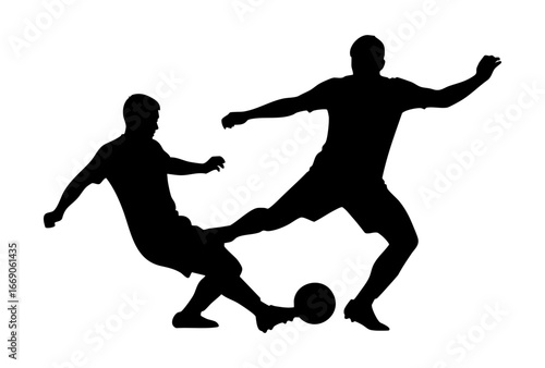 Two soccer players in action sliding tackle and dribbling silhouette