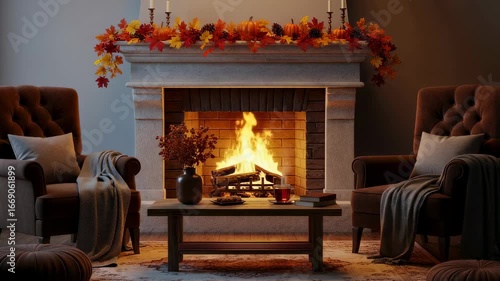 Fireplace with autumn decoration, showing flickering flames and cozy interior ambiance in changing light footage.