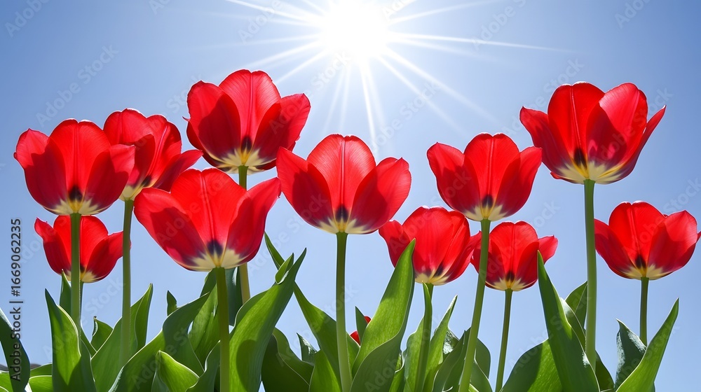 Naklejka premium Vibrant Red Tulips Blooming Under Sunny Sky