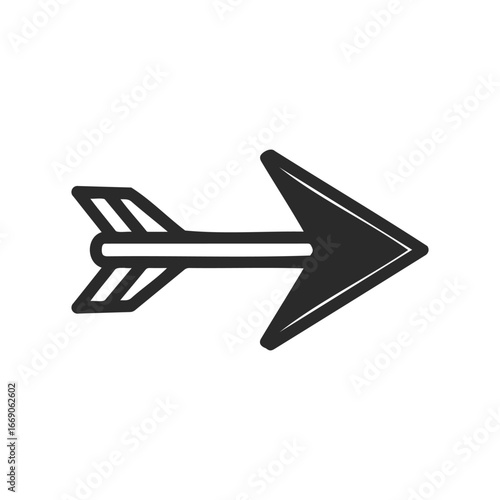 Simple black arrowhead icon with tail fins on white background