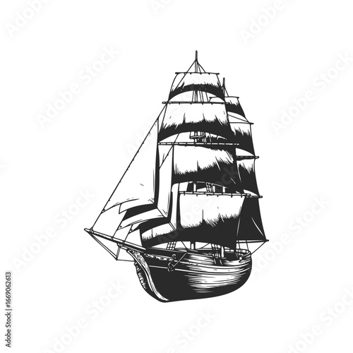 Intricate vintage sailing ship drawing in black and white