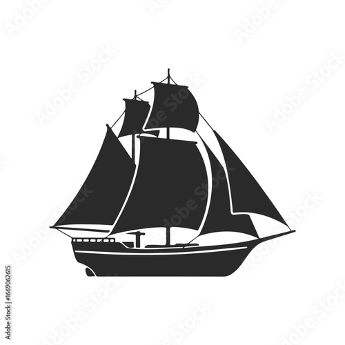Silhouette of a classic sailing ship with sails unfurled against a white background