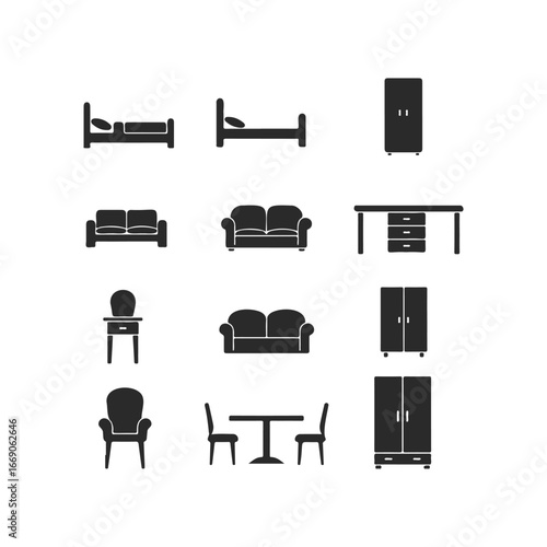 Set of simple black furniture icons for bedroom, living room, and office