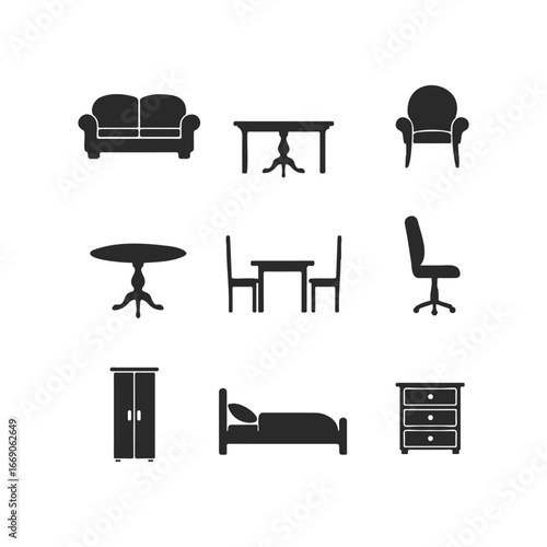 Collection of black silhouette furniture icons including sofa, tables, chairs, bed, wardrobe, and dresser