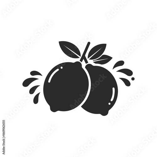 Monochrome illustration of two lemons with leaves and splashing juice on white background