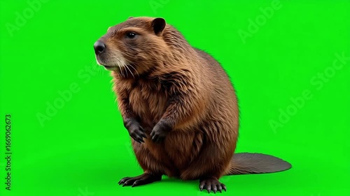 Curious beaver standing tall against a vibrant green screen, ideal for animation and educational content, ready for your creative projects