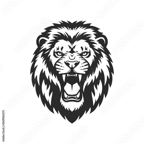 Fierce lion head illustration in black and white with roaring expression