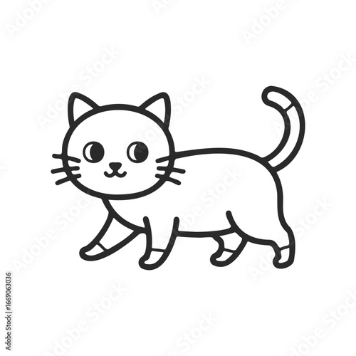 Cute outline drawing of a playful cat with big eyes and curled tail on white background