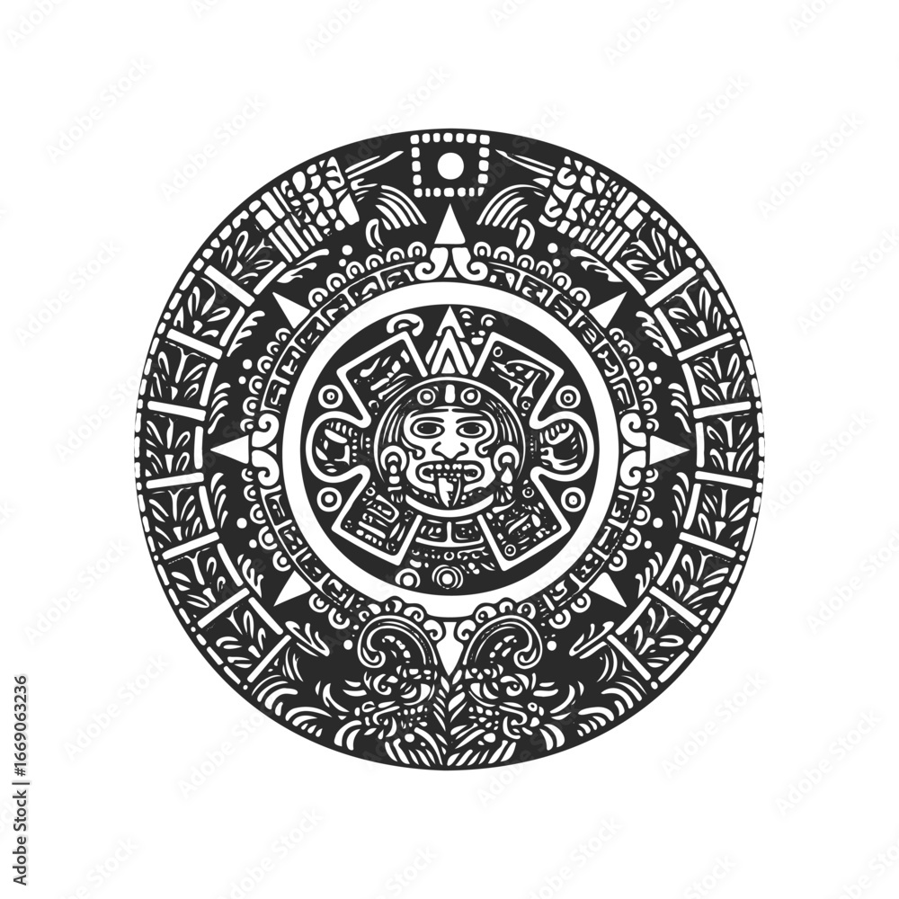Obraz premium Ancient aztec calendar stone illustration with intricate geometric patterns