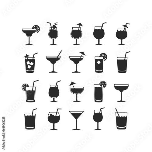 Silhouette collection of various cocktail glasses with straws and garnishes