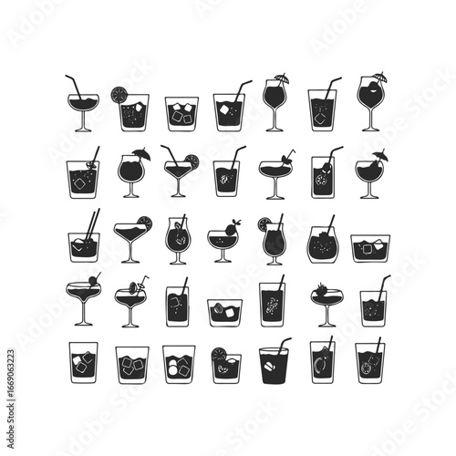 Set of various cocktail silhouettes with garnishes and straws