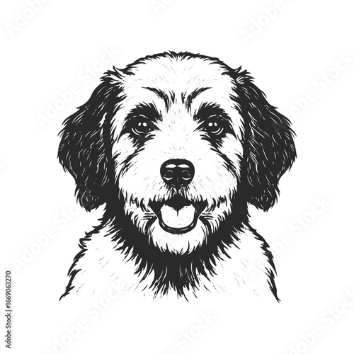 Black and white illustration of a happy dog with fluffy fur