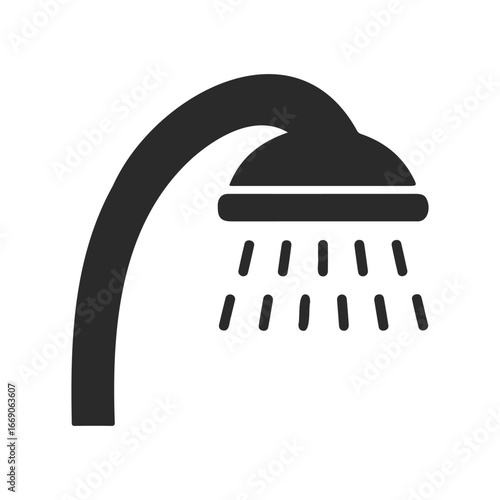 Minimalist black shower head icon with water stream on white background