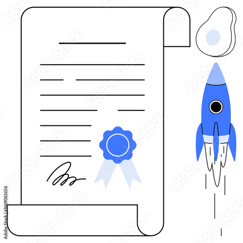 Signed certificate with ribbon seal next to a blue rocket lifting off. Ideal for success, goals, growth, certification, innovation, education, progress. Simple flat metaphor