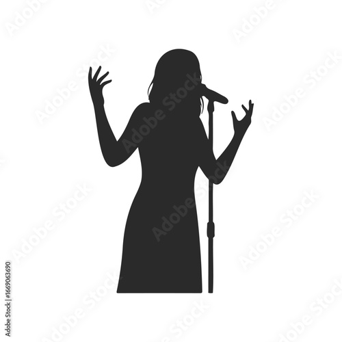 Silhouette of female singer performing with microphone on white background