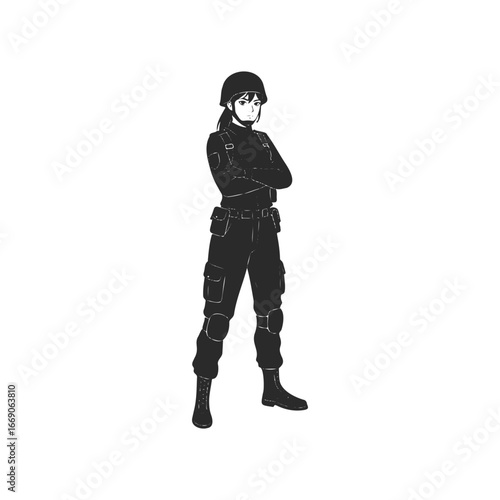 Female anime soldier in combat gear with confident pose