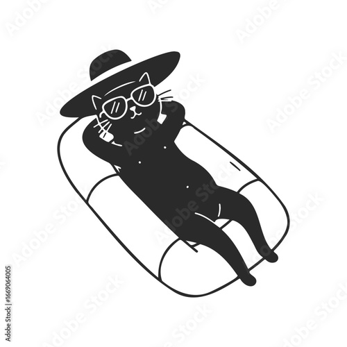 Cat relaxing on inflatable pool float with sunglasses and hat