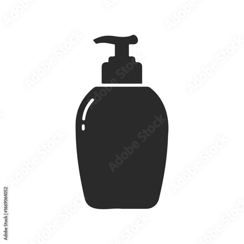 Black silhouette of liquid dispenser bottle with pump on white background