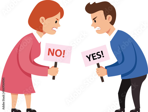 Man and woman arguing holding yes and no signs in confrontation scene vector illustration 