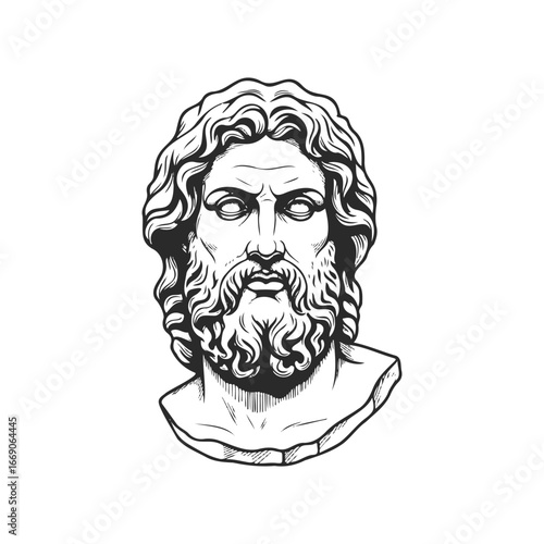 Black and white sketch of bearded greek god bust