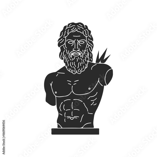 Ancient greek male god bust silhouette with beard and broken arm