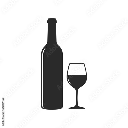 Silhouette of wine bottle and glass on white background