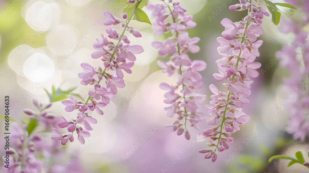 Obraz premium Delicate Pink Flowers Hanging Branches Soft Bokeh Background