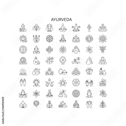 Ayurveda icons collection: meditation, wellness, nature, healing, balance