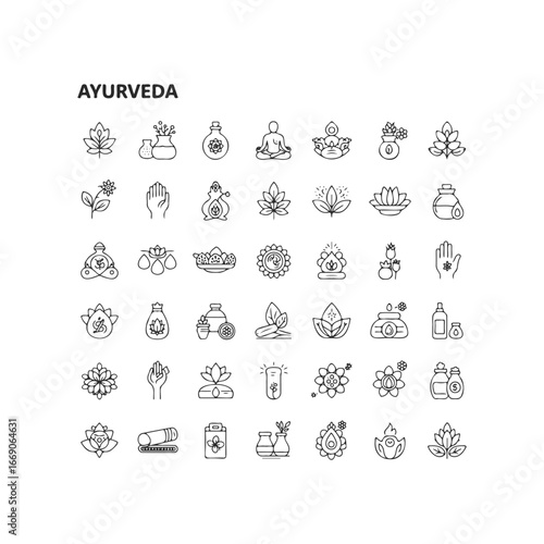 Ayurveda line art icons collection featuring yoga, herbs, and traditional medicine symbols