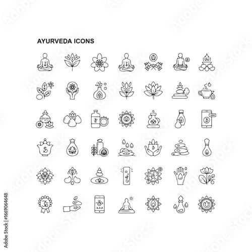 Collection of ayurveda icons featuring wellness symbols and holistic elements