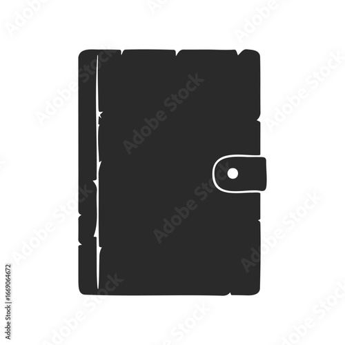Closed black leather notebook with button strap on white background