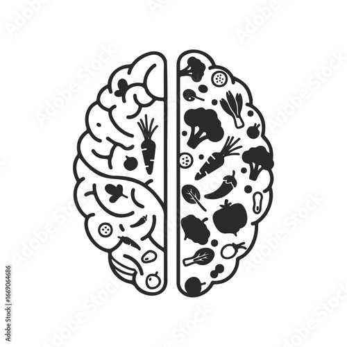 Illustration of brain with black and white vegetable pattern on each hemisphere