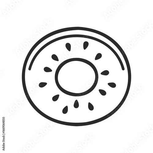 Outline of a kiwi slice with seeds in circular pattern on white background