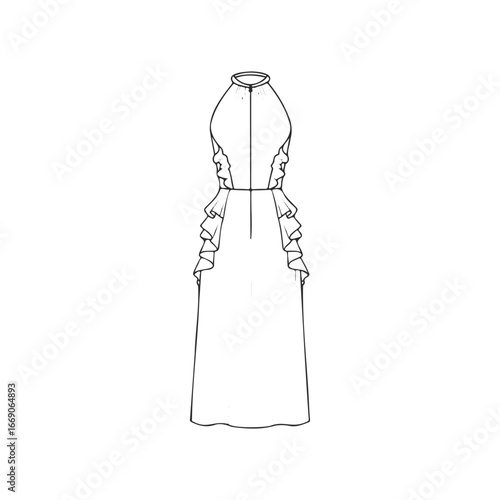 Elegant halter neck dress with ruffled side panels and front slit